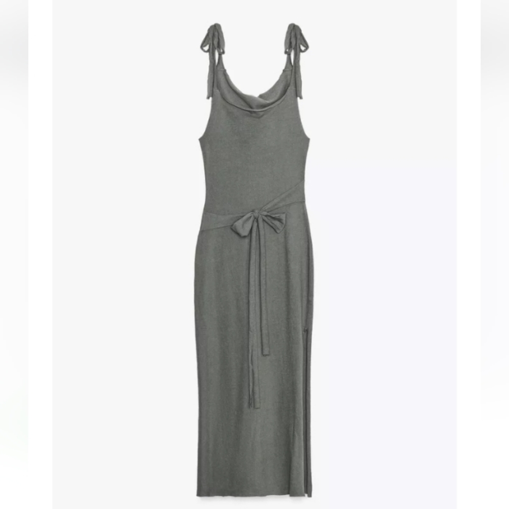 Zara Cottom Gray Green Sleeveless  Midi Dress With Adjustable Tie Straps Sz-L